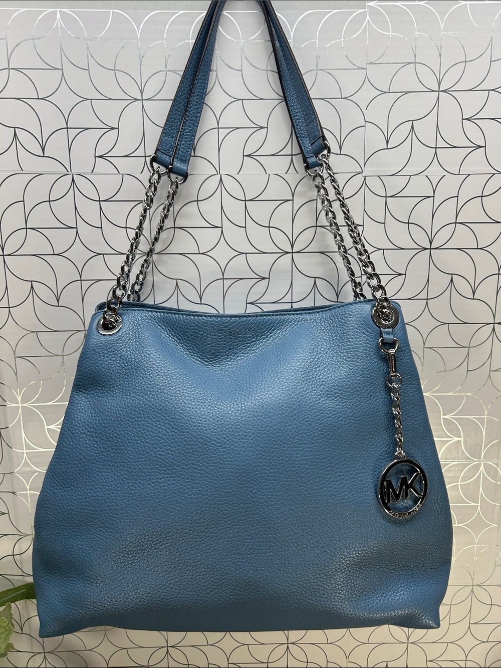 0243 Michael Kors Dusty Blue Leather Shoulder Bag with Silver Chain